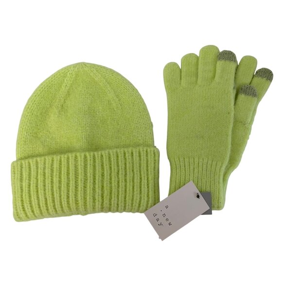 Neon green Knit Beanie & Touchscreen Gloves Set By A New Day One Size - Picture 1 of 4